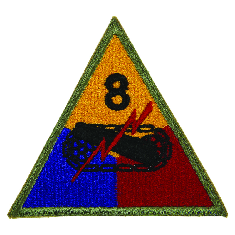 8th Armored Division shoulder sleeve insignia;
        Schneeweis, Peppler, Nichols and Joachims wore
        this patch on their left shoulder of their uniforms.
        (Photo courtesy of author)